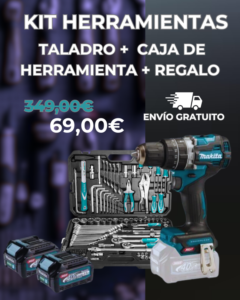 KIT TALADRO: TALADRO + CAJA DE HERRAMIENTAS 40PCS - Con +2 Baterías de Regalo